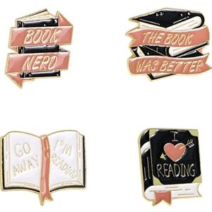 Women’s Jewelry Adorable Book-Themed Enamel Pins Set- Black, White, Gold,& Pink